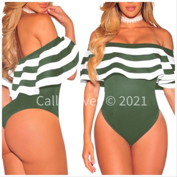 Callie Ruffle: Green Bodysuit Stripe Shoulder Top - Picture 3 of 3